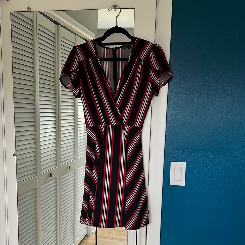 Striped V-Neck Dress - Black, Red, White